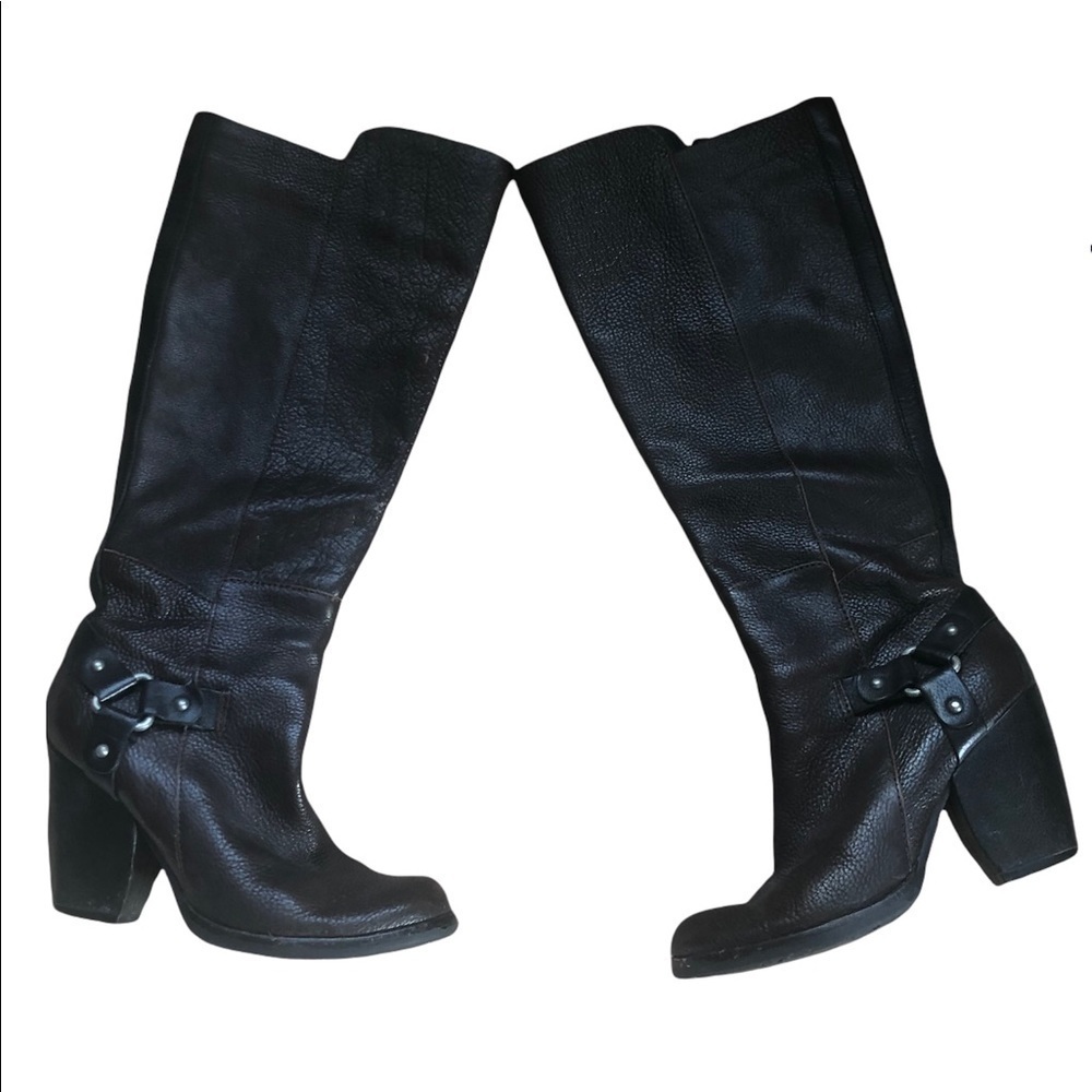 Kork-Ease Olson Brown Pebble Leather Tall Harness Knee Boots 7 3” Heel Boho Choc